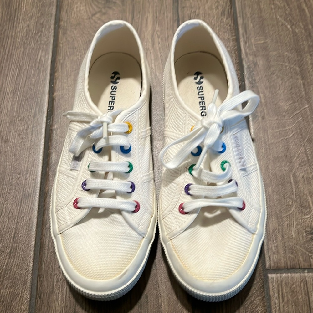 Superga White Canvas Sneakers with Rainbow Eyelets